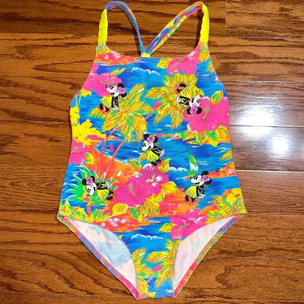 Vintage 90s Disney Girls Colorful Minnie Mouse Hula One Piece Swimsuit Size 10